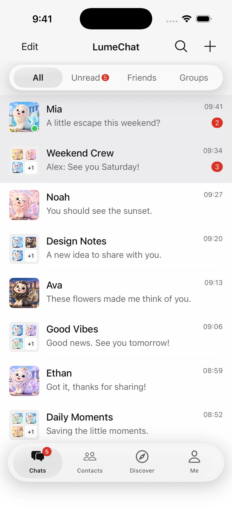 LumeChat native inbox with fictional contacts and messages