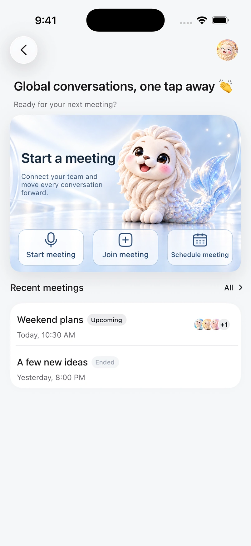 LumeChat native meetings screen with fictional meeting details