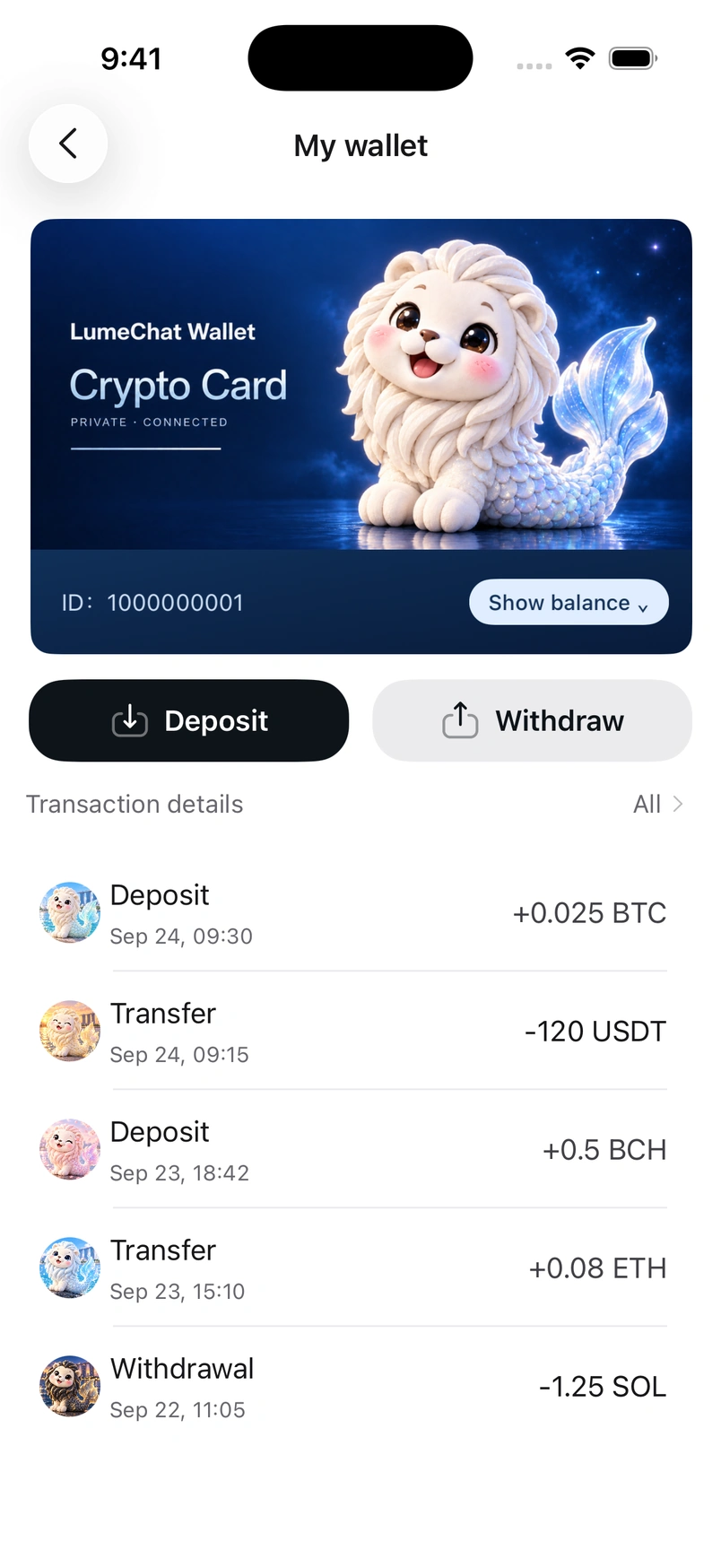 LumeChat native wallet with fictional BTC, USDT, BCH, ETH, and SOL transactions